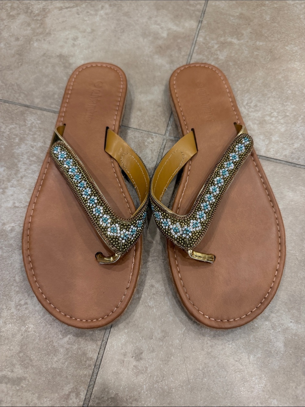 Olivia Miller Beaded Tan Leather Flip Flops with Turquoise Accents, Size 7